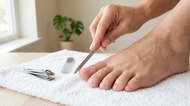 Gentle toenail filing technique for healthy at-home toenail care
