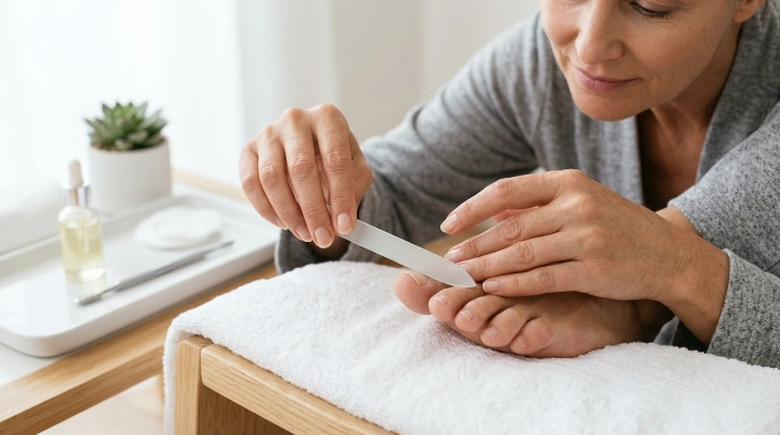 Safe nail file technique for gently smoothing a toenail