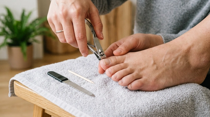 Correct straight across toenail trimming technique with nail clippers