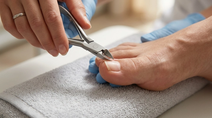 Straight across toenail trimming technique with toenail clippers