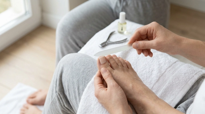 Safe toenail filing technique using a fine nail file on the free edge