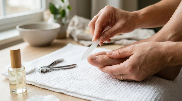 Safe toenail filing technique for straight-across toenail shape