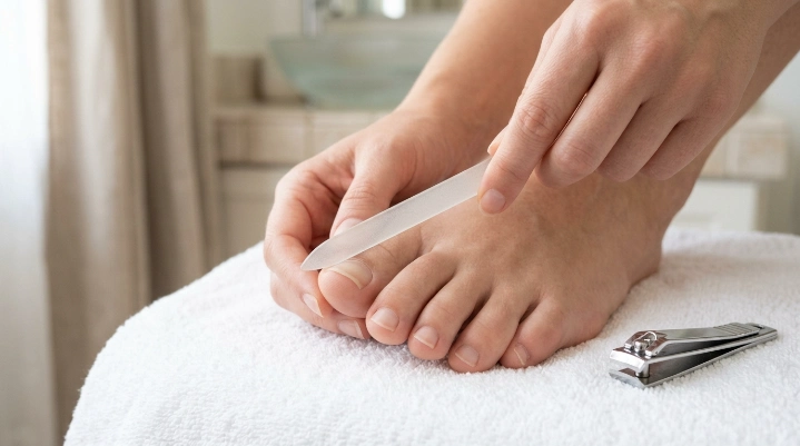 Gentle nail filing after safe straight-across toenail trimming