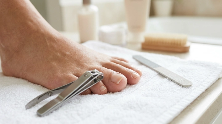 Safe straight-across toenail trimming with toenail clipper and nail file