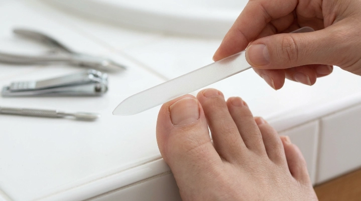 Filing curved toenail edge after straight-across trimming