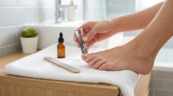 Healthy slow growing toenails with toenail clipper and nail file
