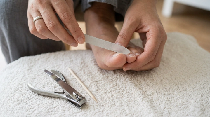 Gentle toenail care with clean nail file and toenail clippers during regrowth