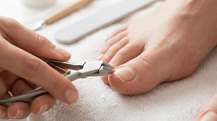 Safe toenail trimming technique using small straight cuts with toenail clippers