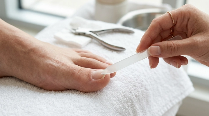  Filing sharp toenail edges after cutting to create a smooth finish