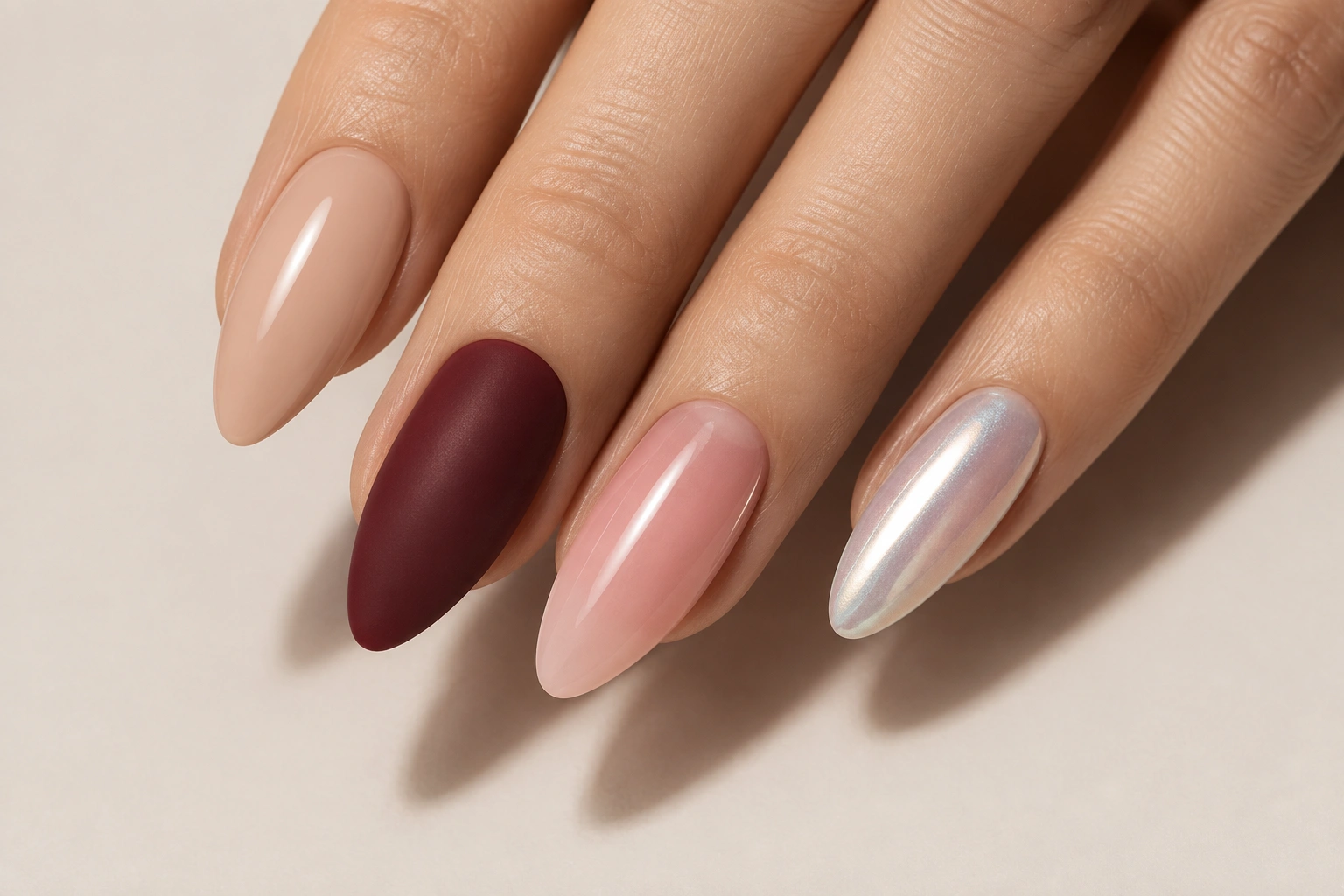 Four almond nail swatches showing glossy, matte, sheer, and chrome finishes