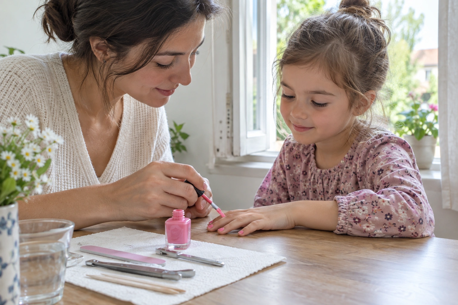 Parent helping child apply kid-safe nail polish at a well-ventilated table