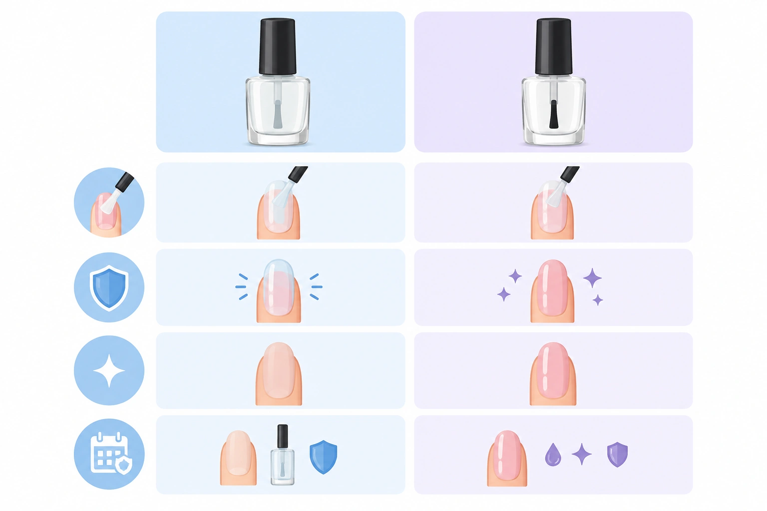 Side-by-side comparison of base coat and top coat uses