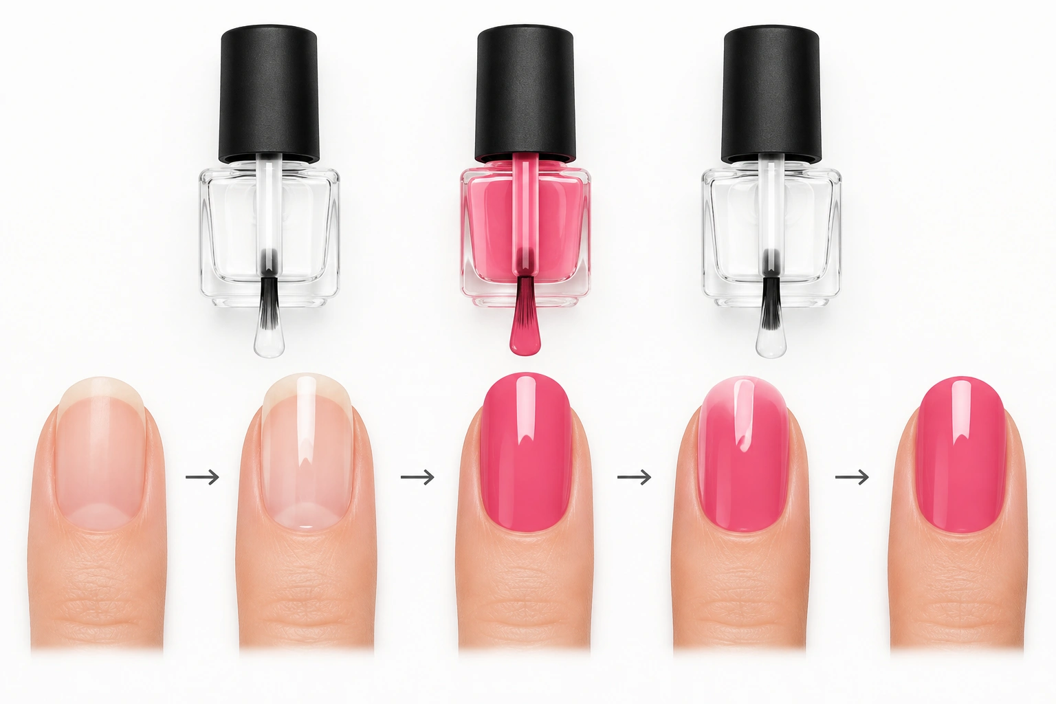 Diagram showing base coat under nail polish and top coat over it