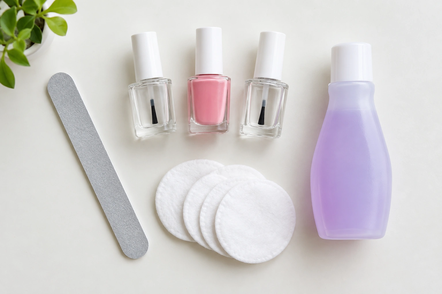 Beginner nail polish supplies laid out on a table