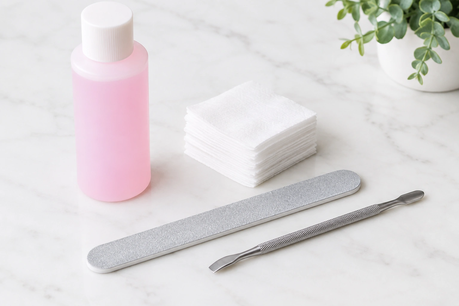 Beginner nail prep tools including file, remover, and cuticle pusher