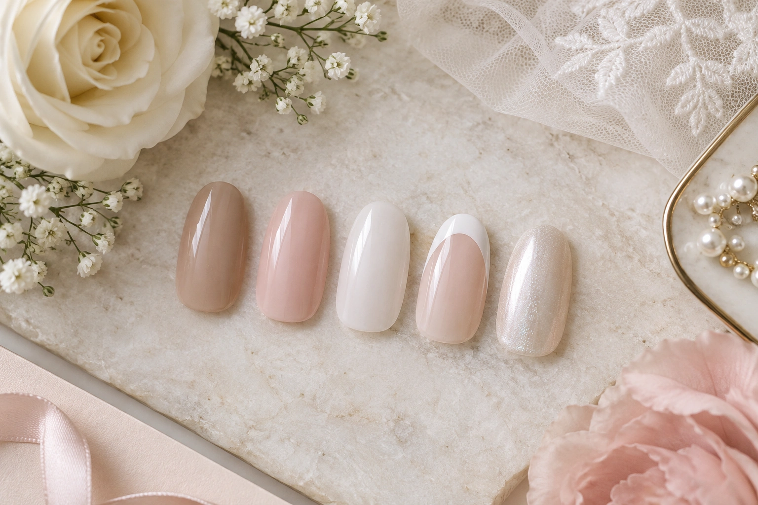 Bridal nail color comparison guide with nude pink white French and shimmer options