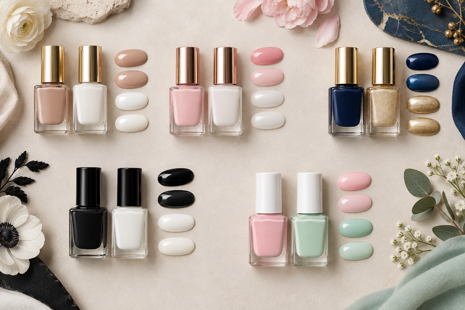 Flat lay of nail polish color combinations including nude, white, blush pink, navy, gold, black, and mint