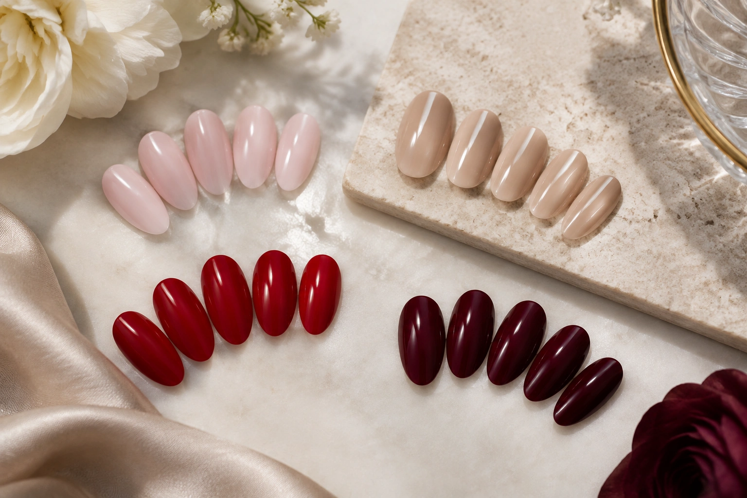 Almond nails painted in milky pink, nude beige, red, and burgundy shades
