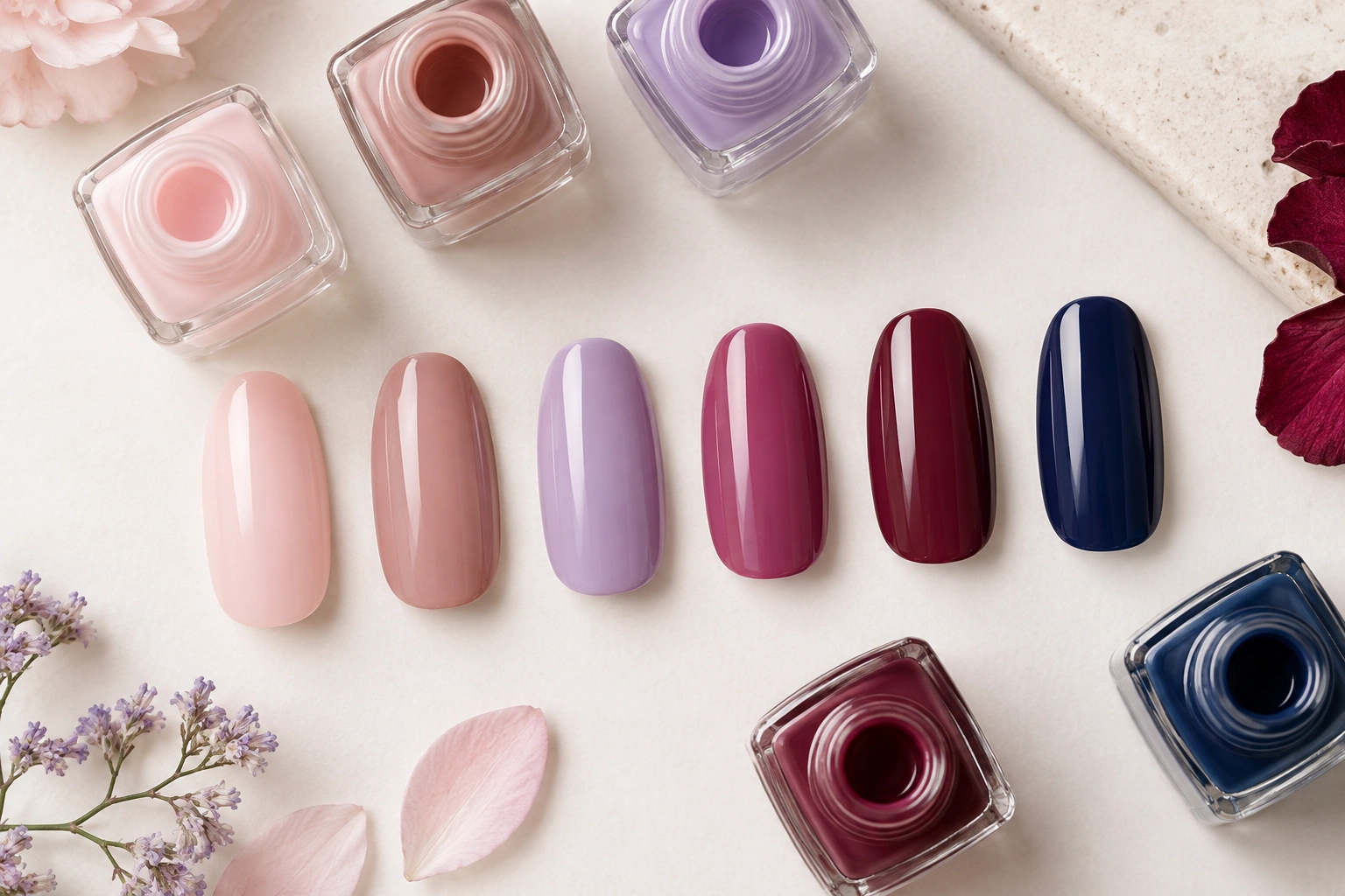 Nail polish shades for fair skin including pink, nude, and berry