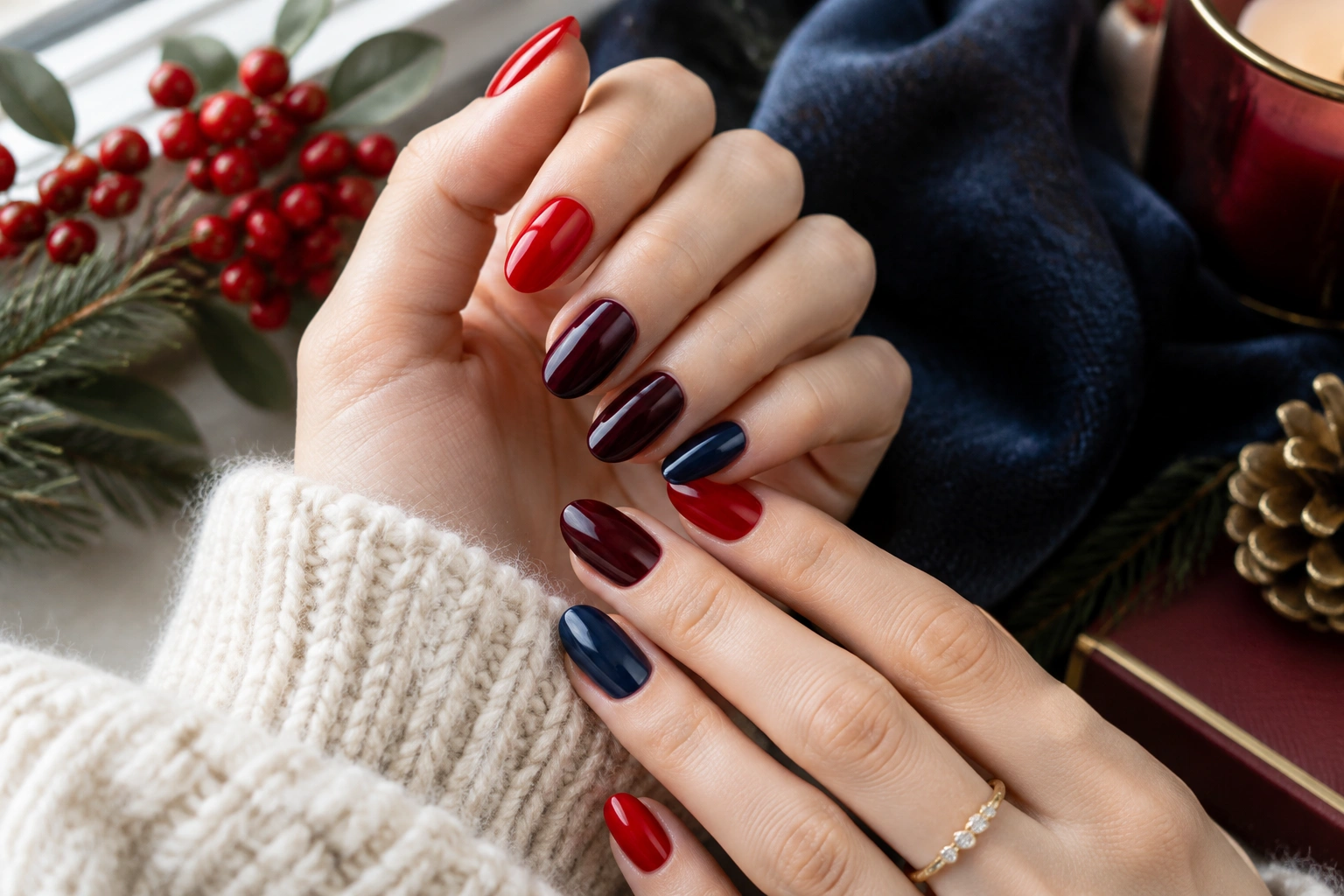 Dark red, burgundy, and navy nail colors for fair skin