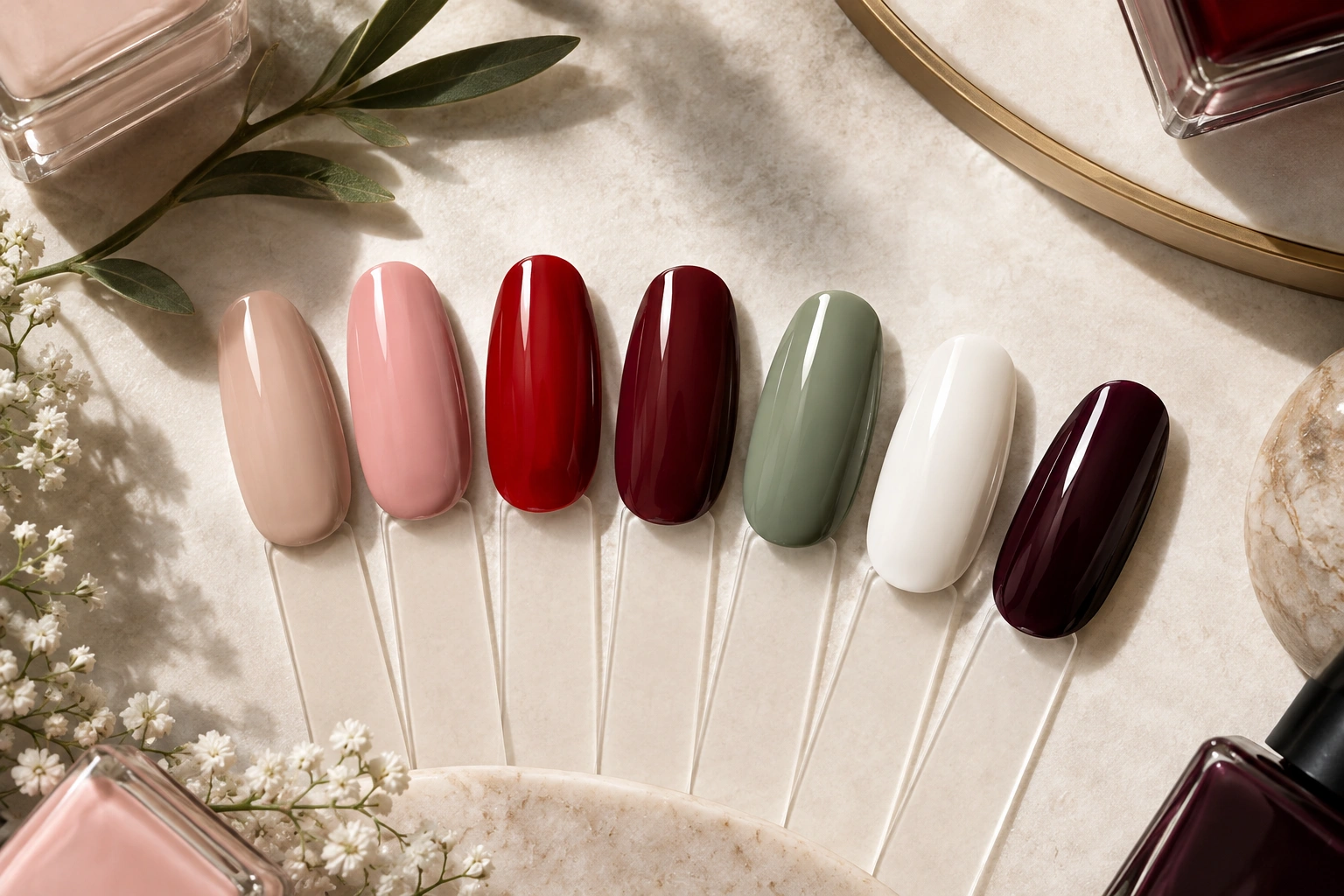 Assorted nail color swatches in nude, red, pink, burgundy, and green