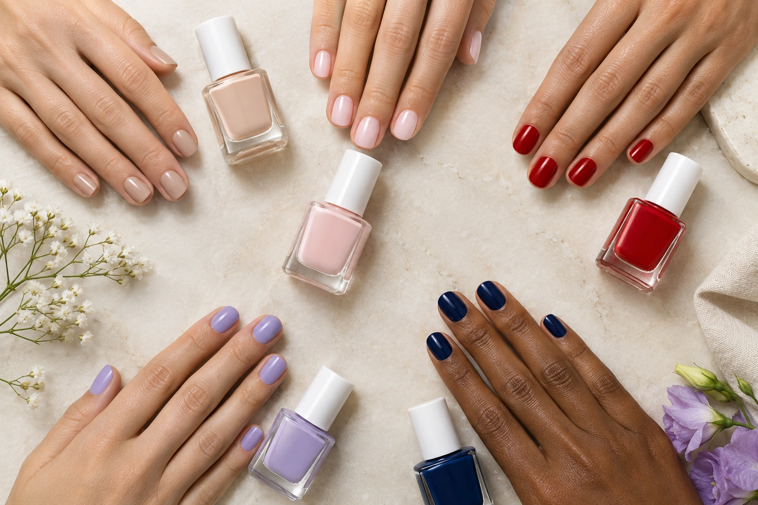 Flat lay of short nails painted in nude, red, lilac, and navy shades