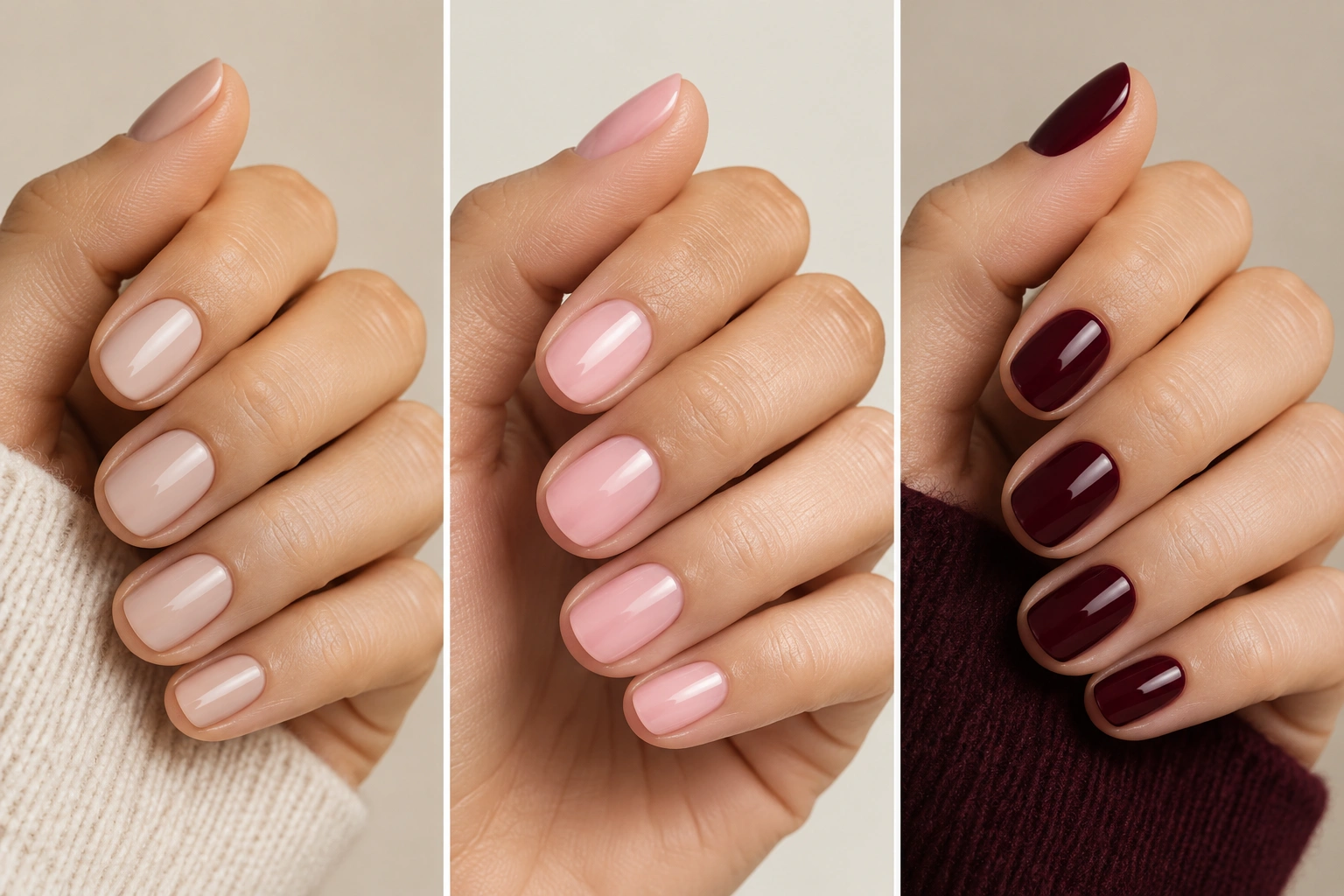 Comparison of glossy nude, sheer pink, and deep burgundy nail polish on short nails
