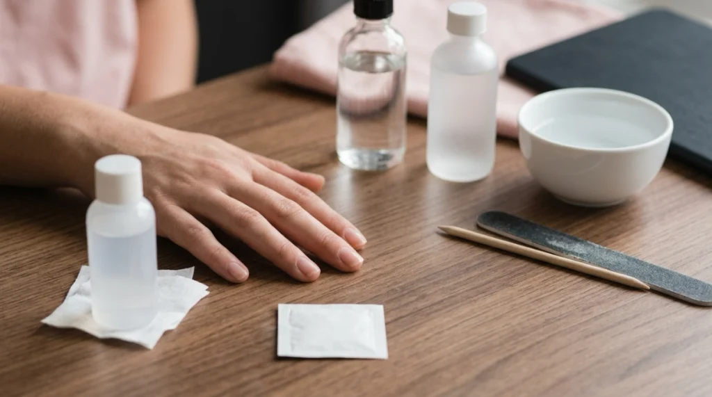 Rubbing alcohol, acetone, prep pads and cleanser shown as nail dehydrator substitutes.