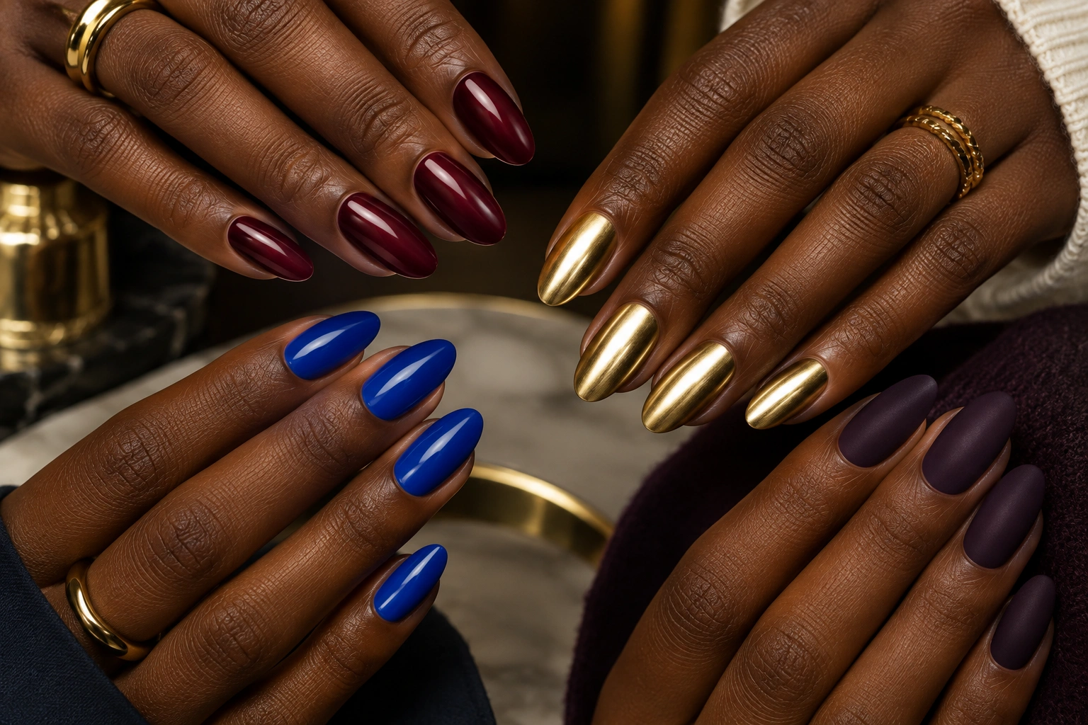 Dark skin manicure color ideas in glossy, matte, shimmer, and metallic finishes