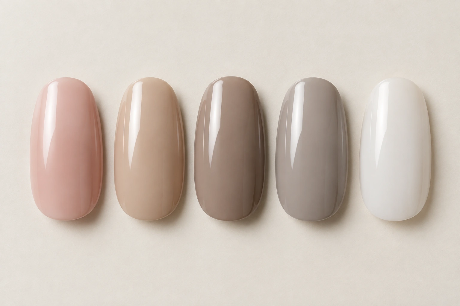 Comparison of neutral nail color families including nude, beige, taupe, greige, and soft pink