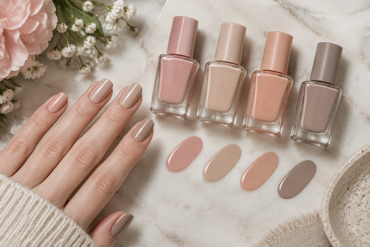 Comparison of pink nude, beige nude, peach nude, and taupe nude nail polish on fair skin