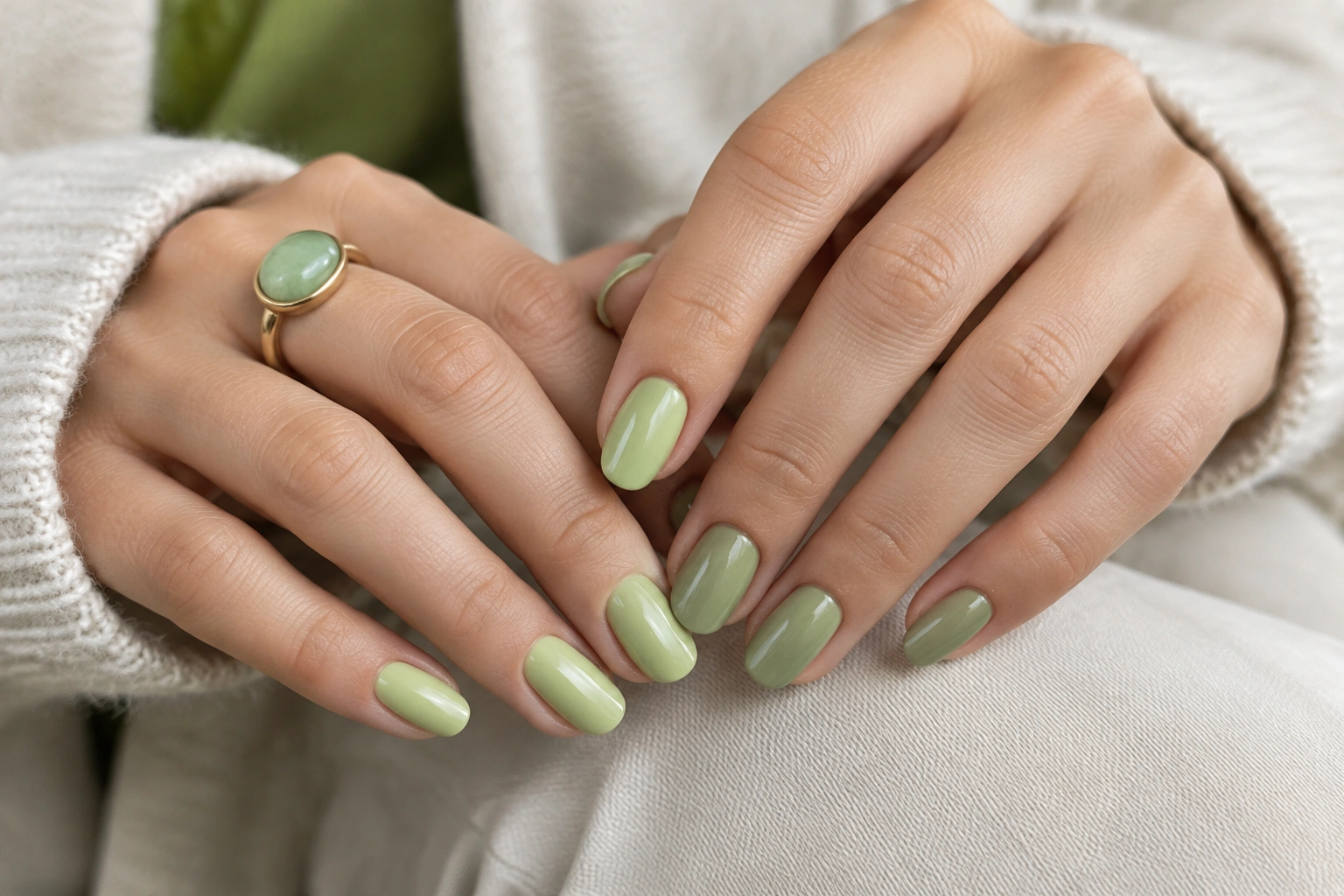 Hands with pistachio green and soft sage spring manicure