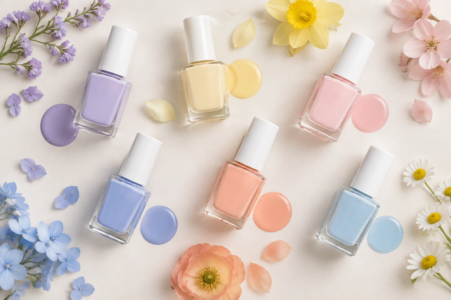 Flat lay of spring nail colors including pastels, neutrals, and brights