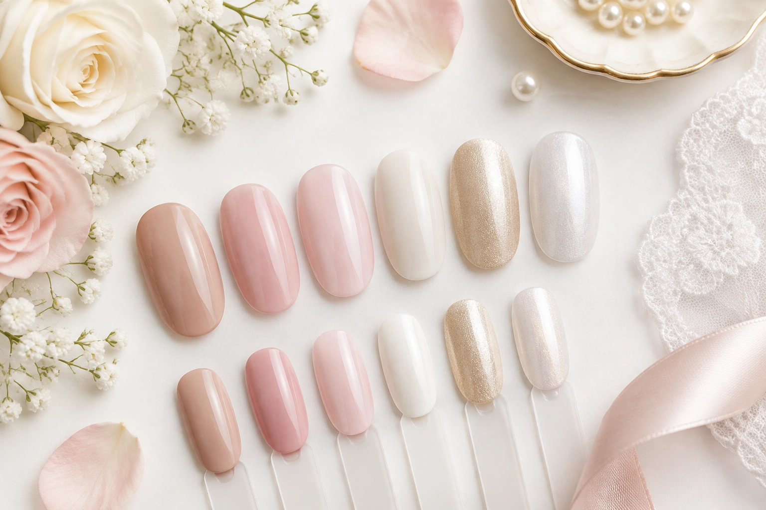 Wedding nail color ideas in nude, blush, ivory, and pearl finishes