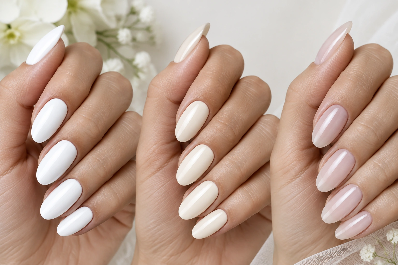 Close-up wedding manicure examples in crisp white, creamy ivory, and milky nude