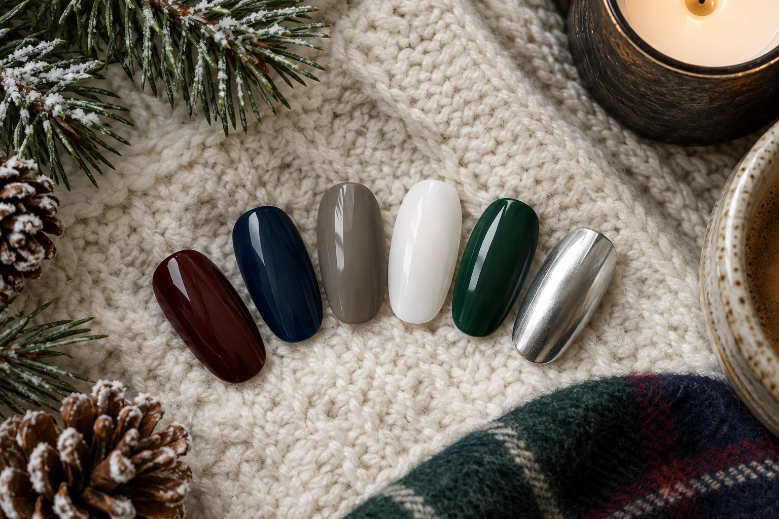 Winter nail color mood board with burgundy, navy, taupe, and chrome shades