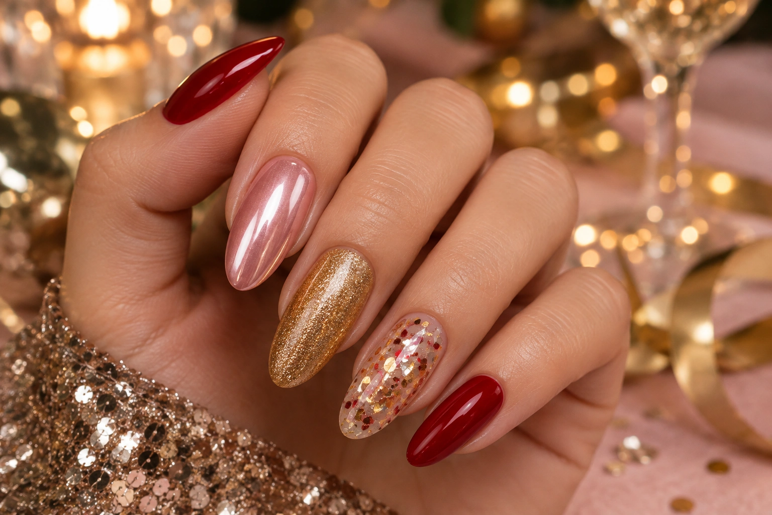 Birthday nails showing glossy, shimmer, chrome, and glitter finishes