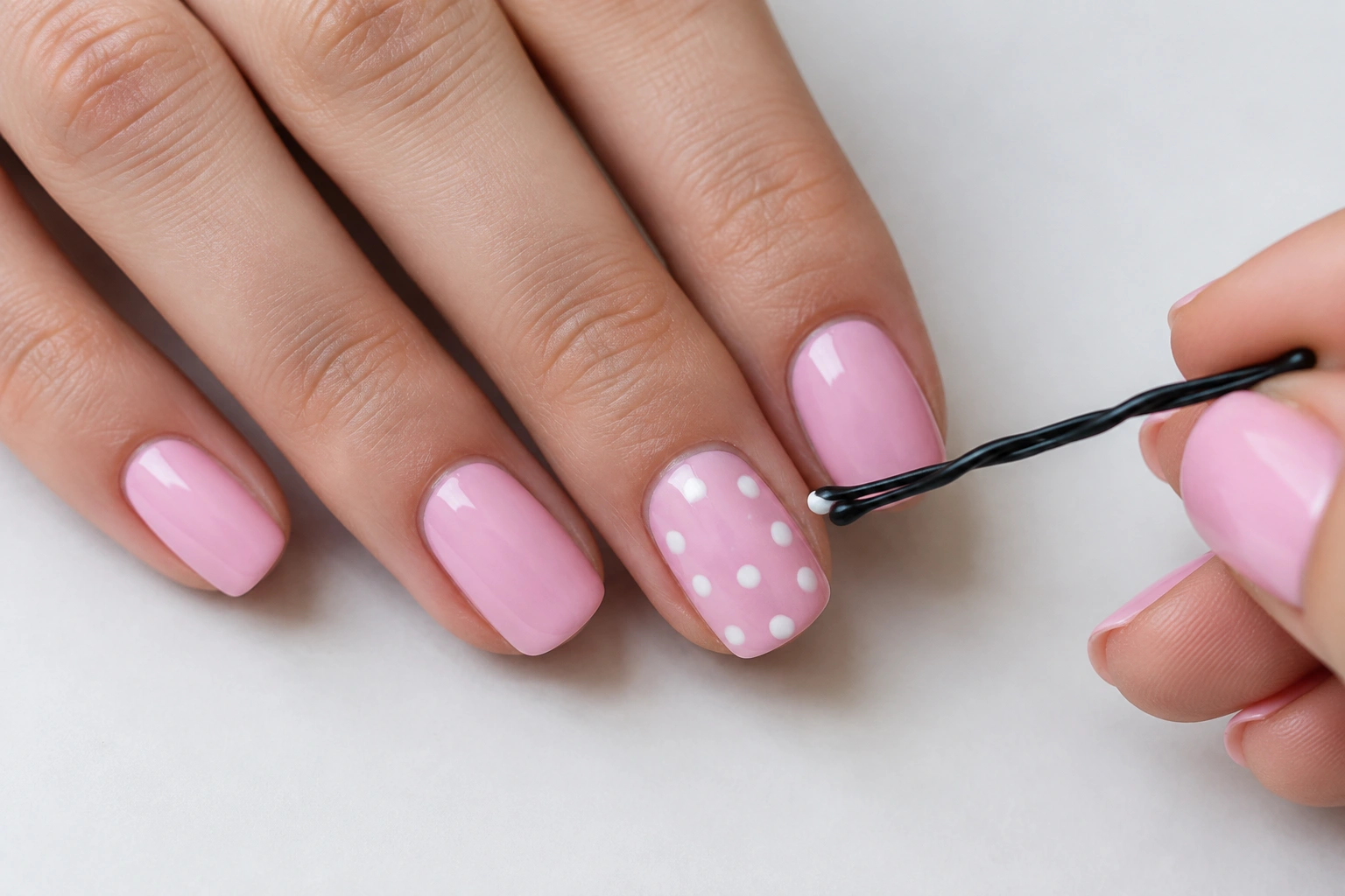Close-up of a hand using a bobby pin to place white polka dots on a pastel pink nail.