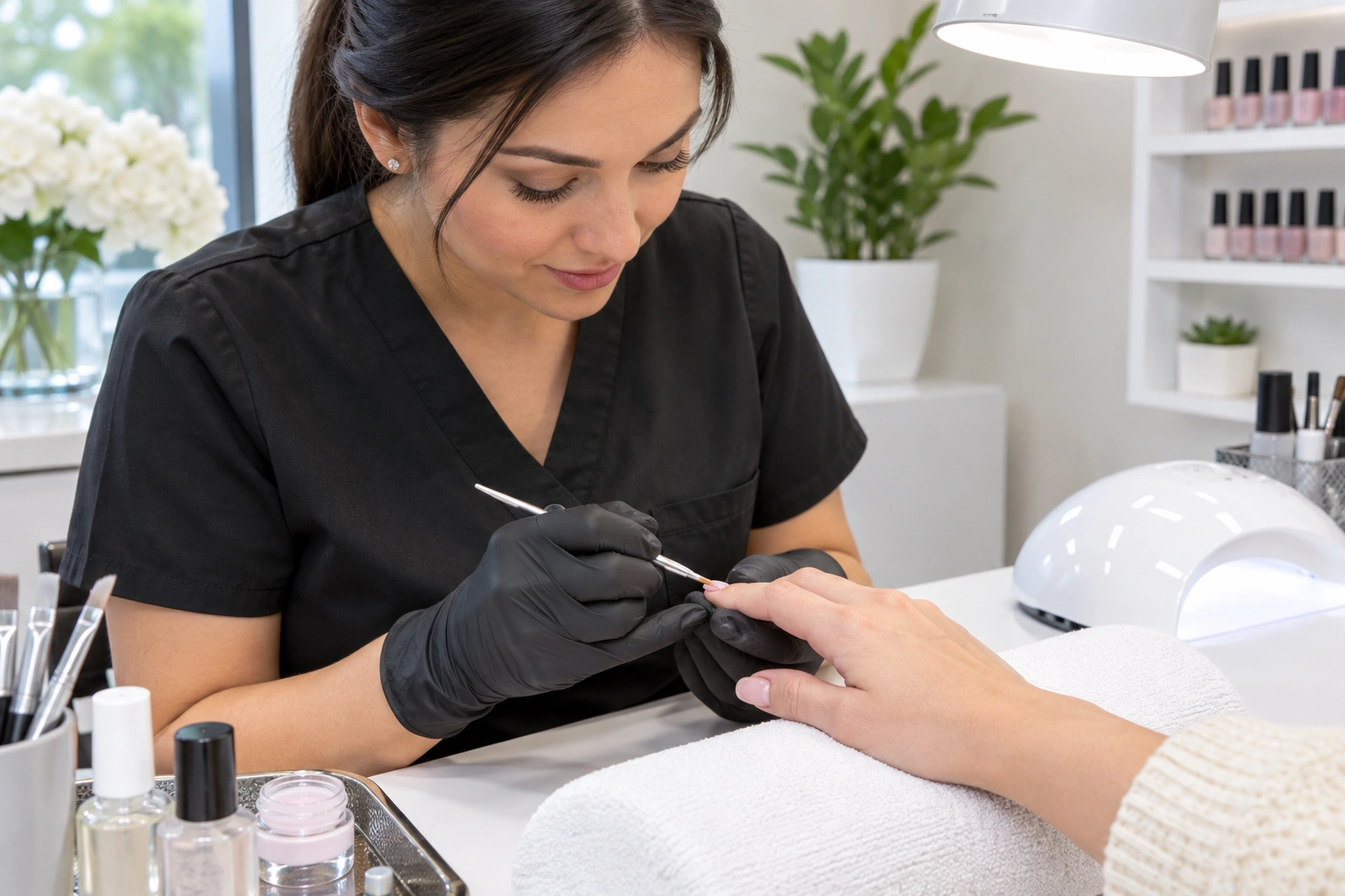 Nail technician repairing a broken natural nail in a salon