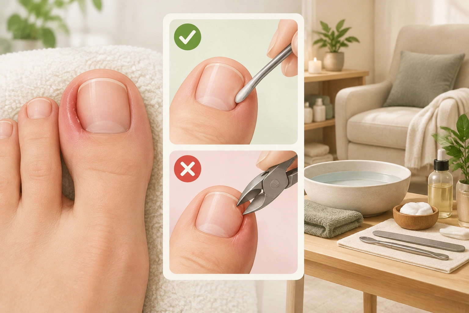 Close-up concept image of a mildly ingrown toenail needing gentle care
