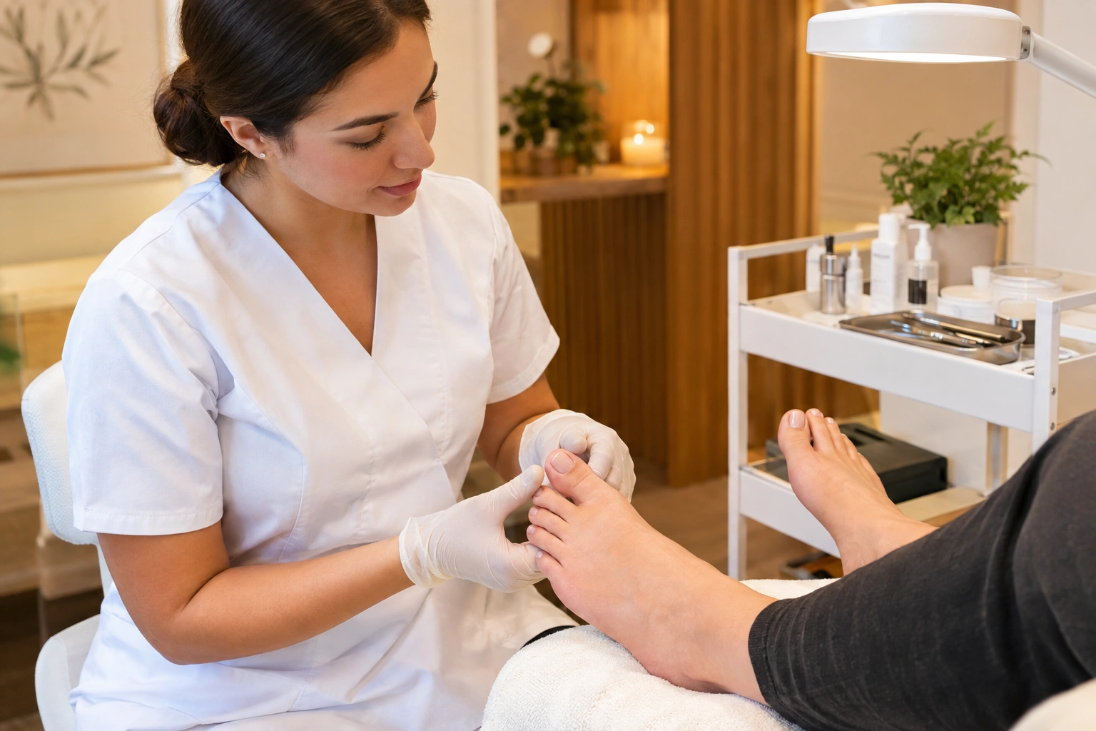 Nail salon technician examining a mildly irritated toenail