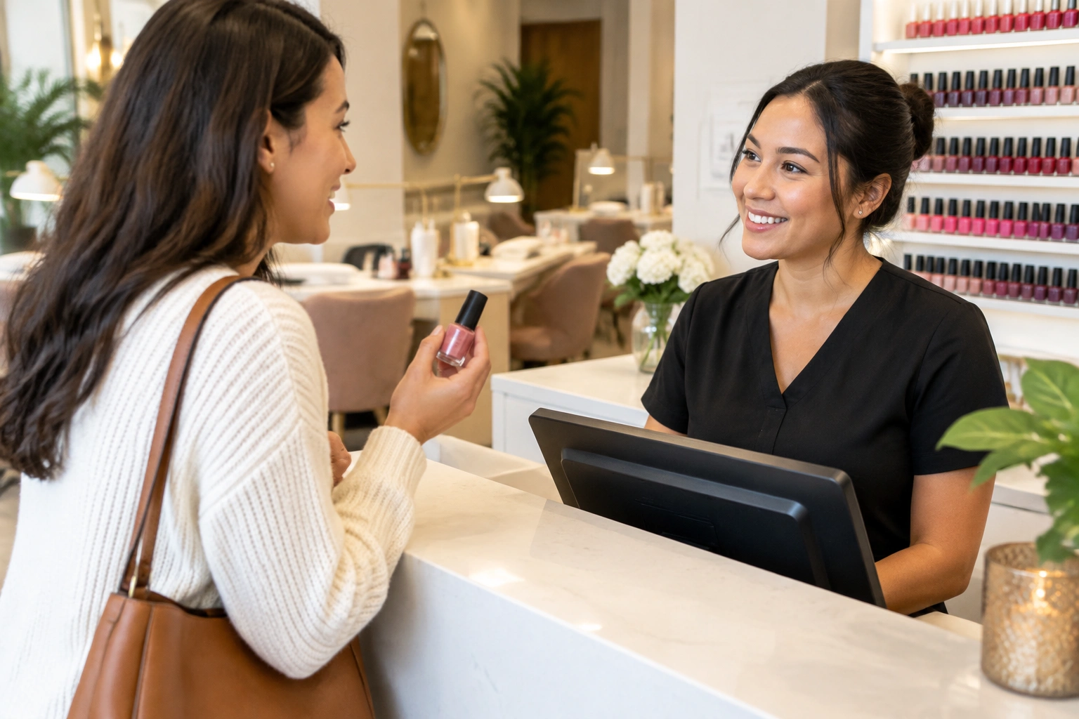Client holding a nail polish bottle and checking salon policy
