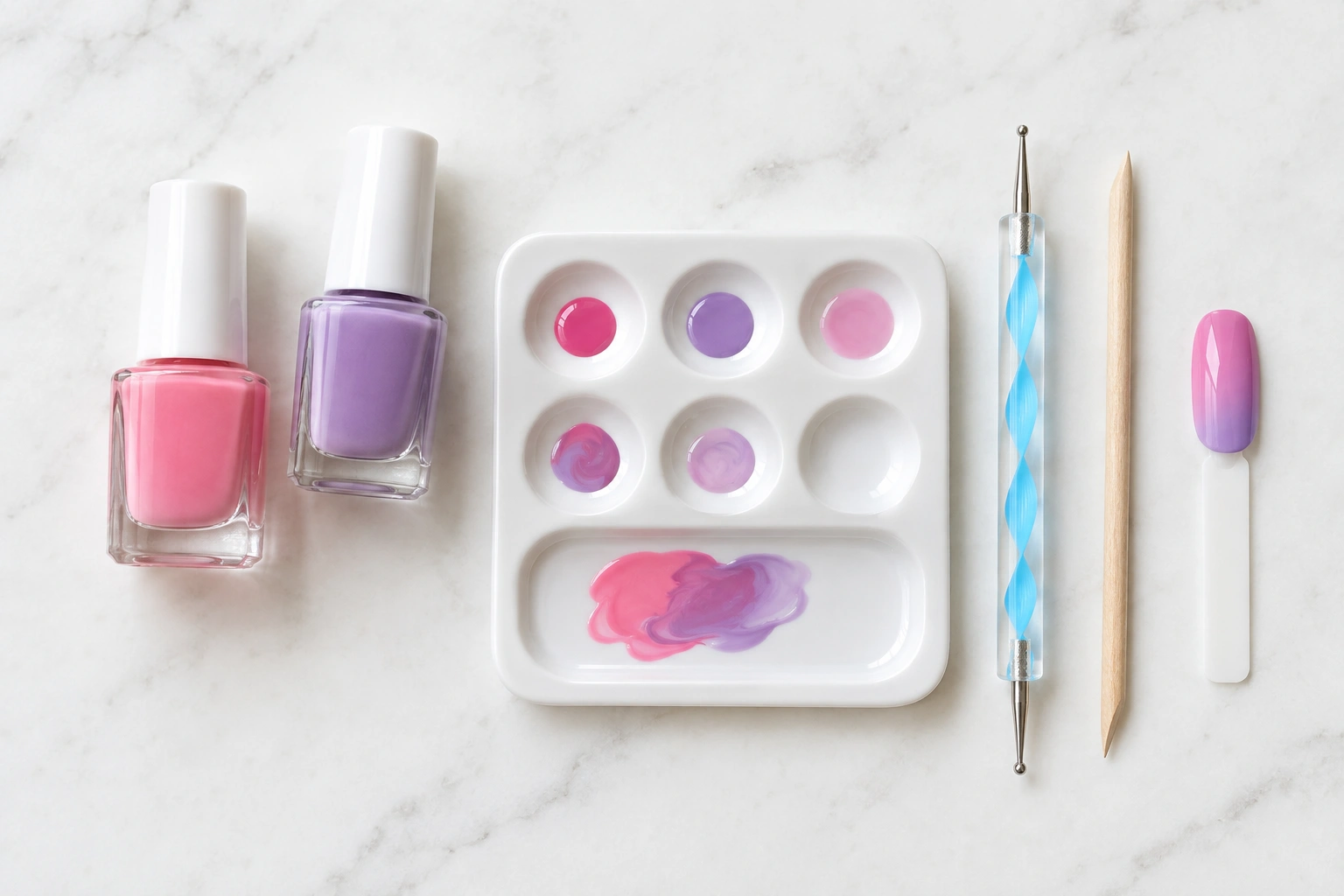 Nail polish colors being mixed on a small palette for a test swatch