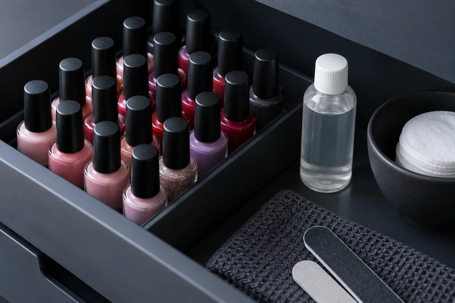 Nail polish bottles stored upright in a cool dark drawer with thinner nearby