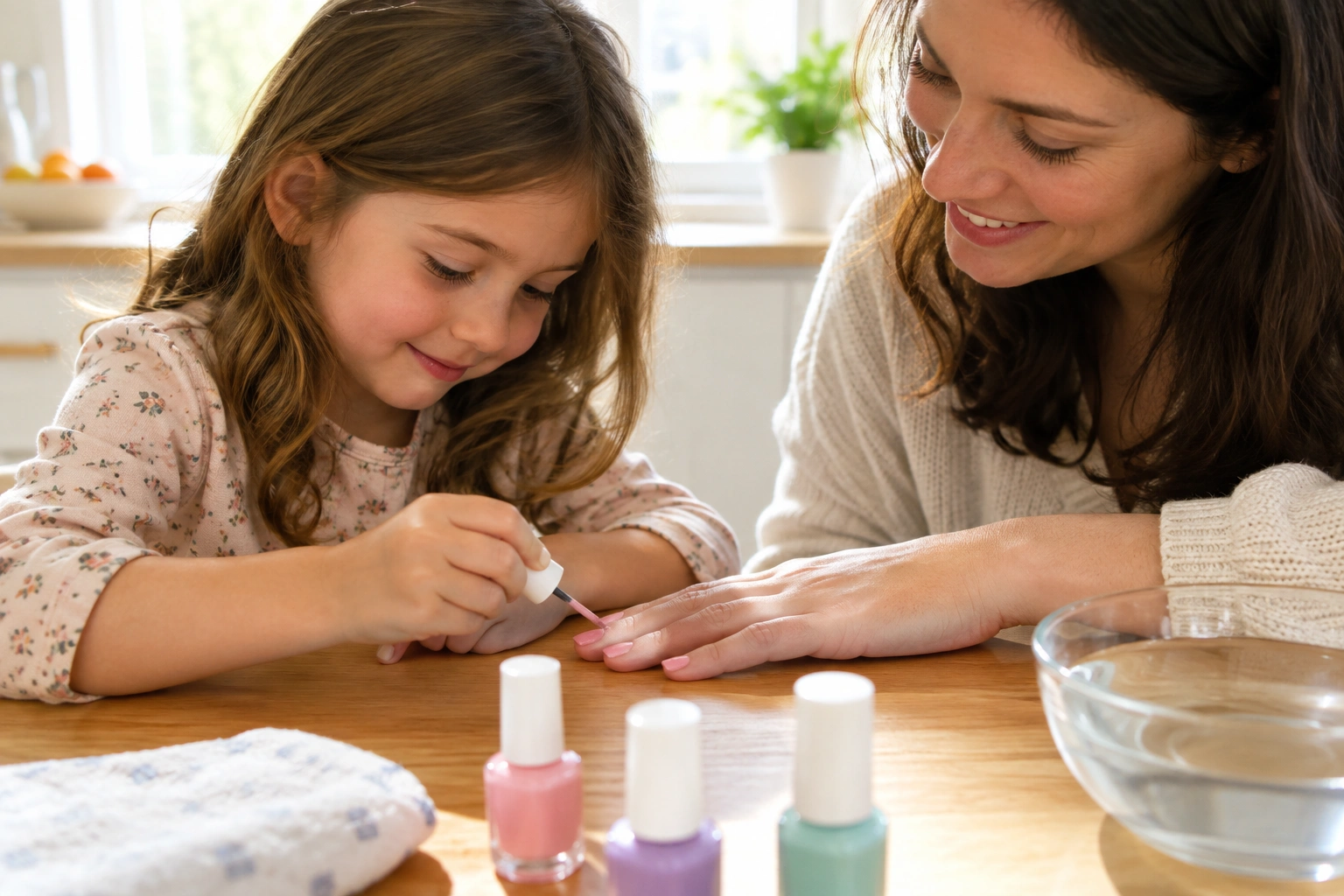 Young child with non-toxic nail polish at home with a parent
