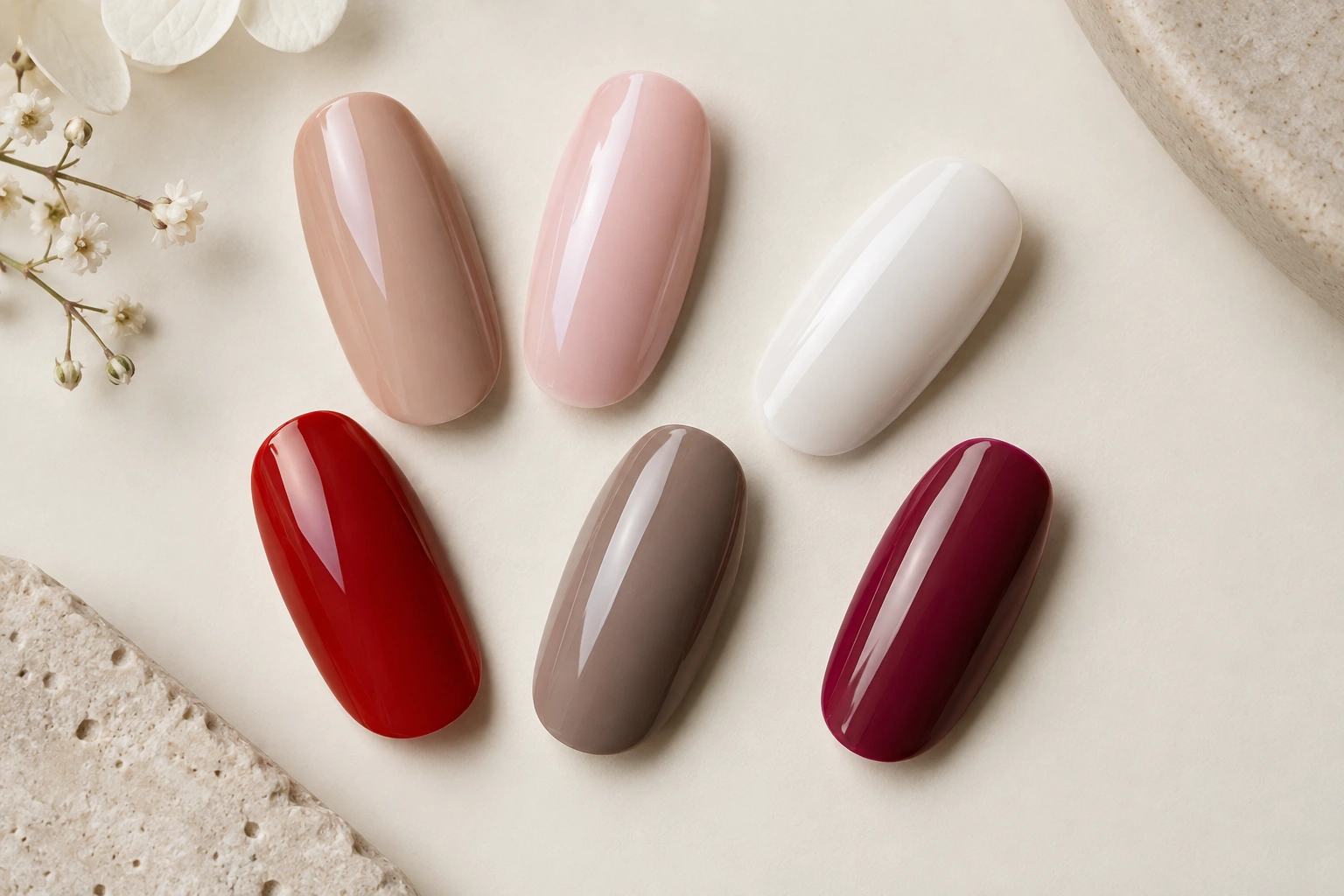 Elegant manicure color palette with nude pink red and berry shades