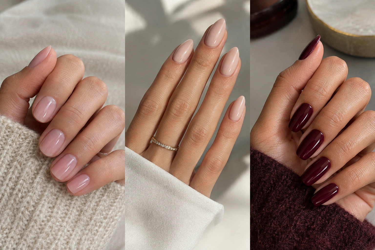 Comparison of glossy sheer and opaque classy nail colors on different nail lengths