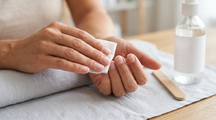  Cleaning natural nails with nail cleanser before gel manicure