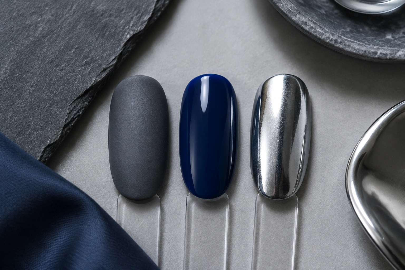 Comparison of cool nail colors in matte, glossy, and chrome finishes