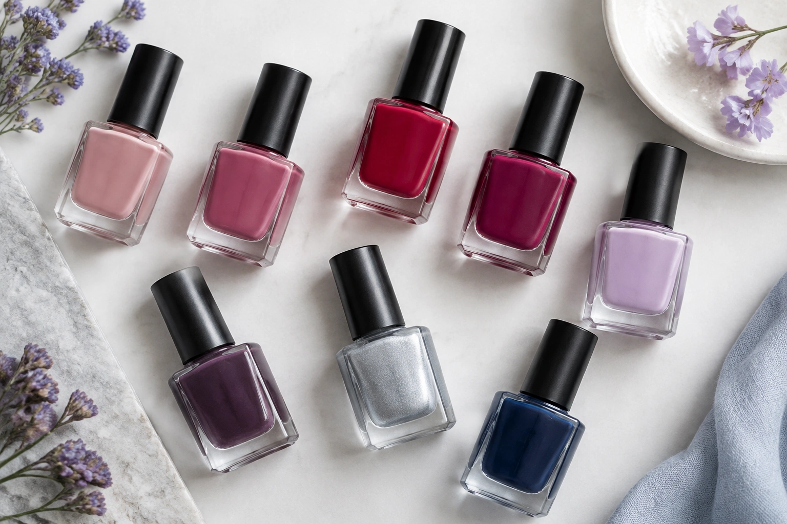 Nail polish shades for cool skin tone including nude, pink, red, and berry